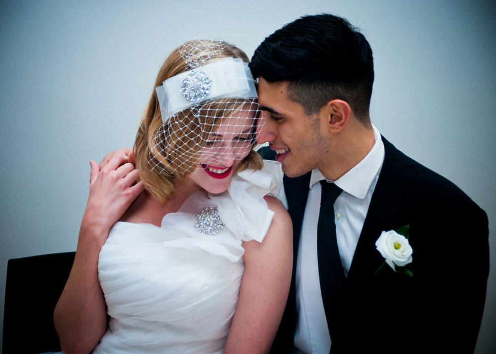 Bride and groom hugging