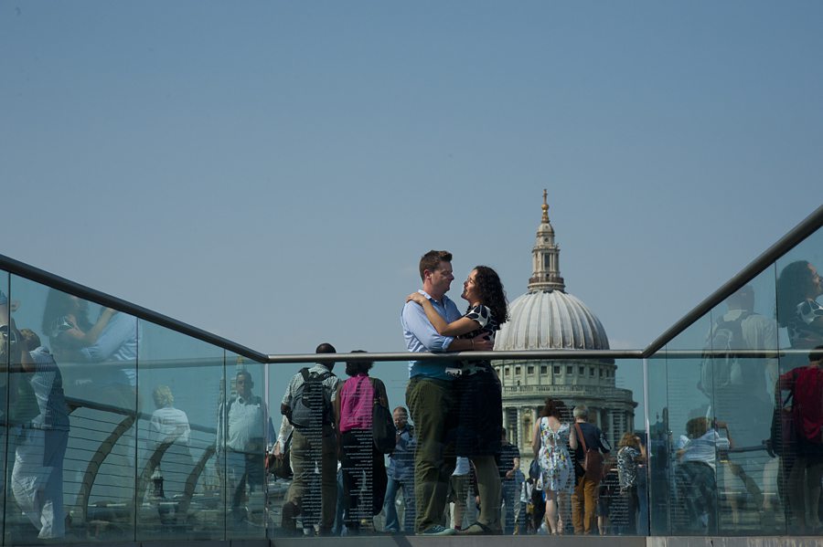Couple hugging on the Millennium Bridge