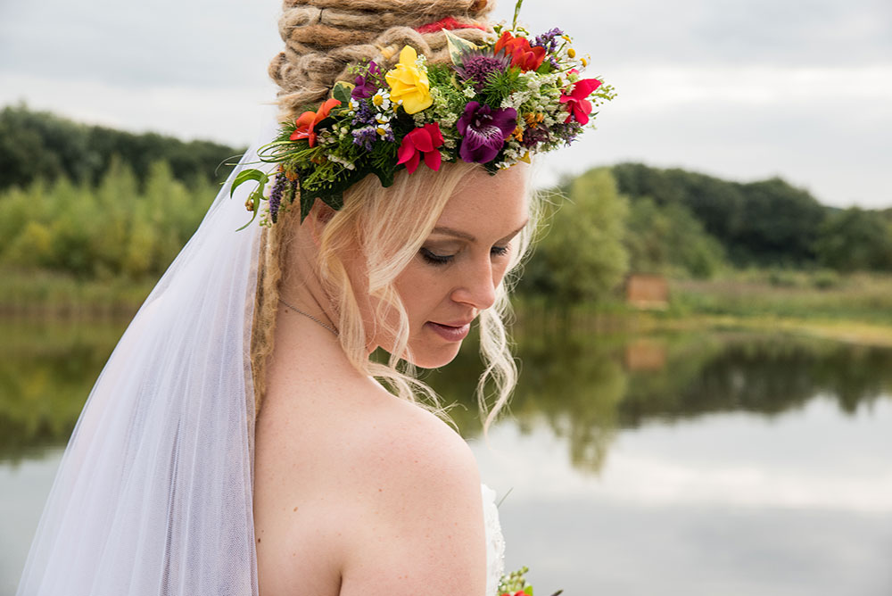 Bride looking down over her shoulder