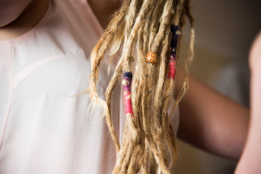 Close up of bride&rsquo;s dreadlocks