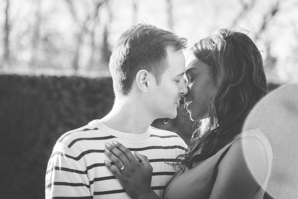 Black and white of couple about to kiss