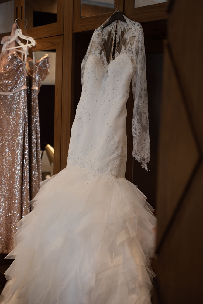 Wedding dress hanging up